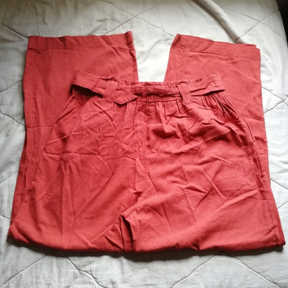 LILY MORGAN Rust Red Wide Leg Trousers Tortoise Shell Belt Linen Blend Large - Picture 6 of 10